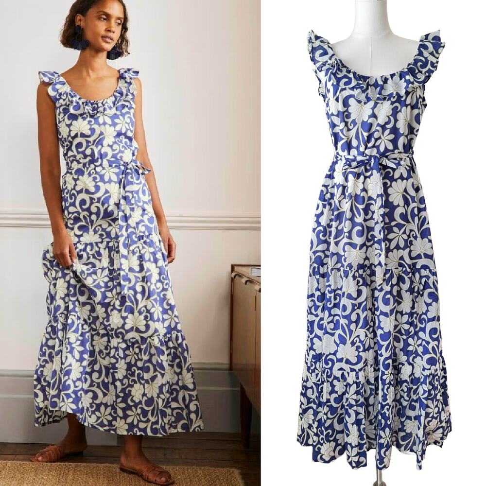 BODEN Ruffle Scoop Neck Maxi Dress Size 6 Ocean Blue Petal Print - Picture 1 of 12